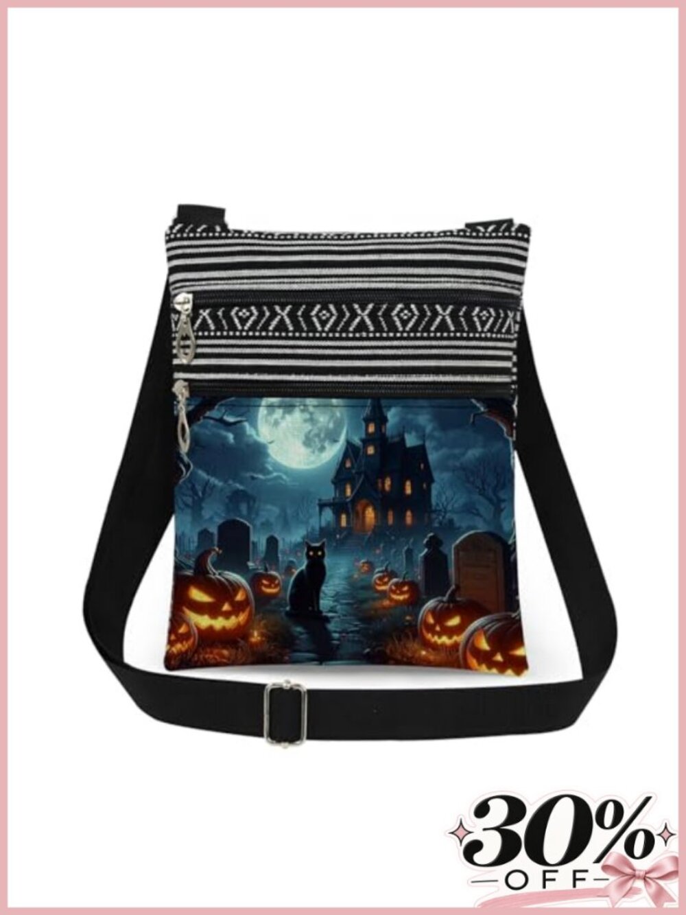Halloween Crossbody Bag Black Cat Haunted Mansion Graveyard Full Moon Bats